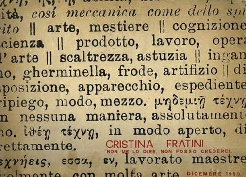 Copertina di Non me lo dire, non posso crederci, 1969: un vecchio dizionario con il nome Cristina Fratini in rosso.